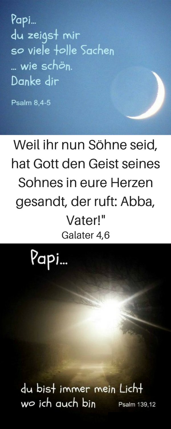 ✚  Unser himmlischer Vater ist unser Abba, unser Papi! Kennst du ihn so? Galater 4,6
https://www.gottes-wort.com/papi.html
#papi #gotteswort #abba