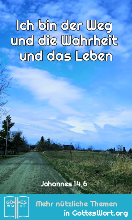 Jesus spricht zu ihm: Ich bin der Weg und die Wahrheit und das Leben; niemand kommt zum Vater als nur durch mich! 
Johannes 14,6