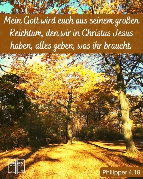 Und mein Gott wird euch aus seinem großen Reichtum, den wir in Christus Jesus haben, alles geben, was ihr braucht. Philipper 4,19