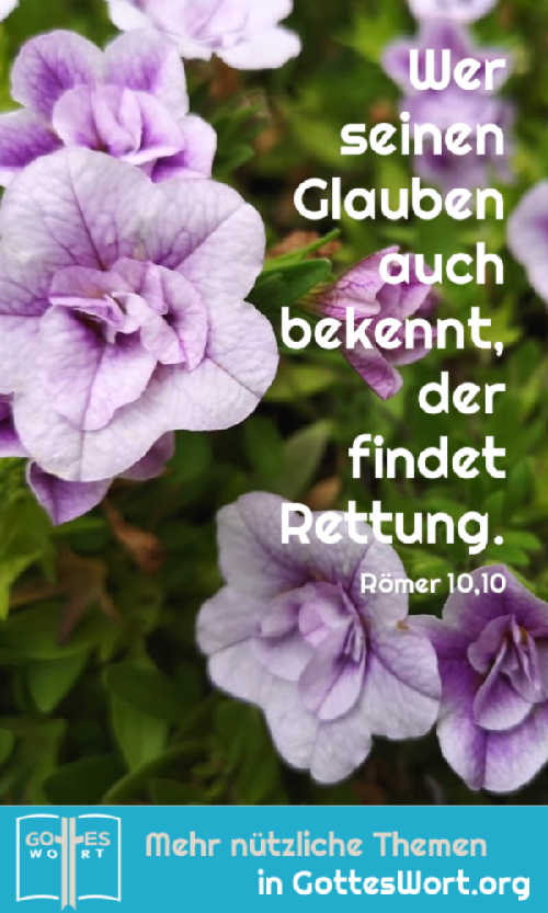 Wer also von Herzen glaubt, wird von Gott angenommen; und wer seinen Glauben auch bekennt, der findet Rettung.
Römer 10,10