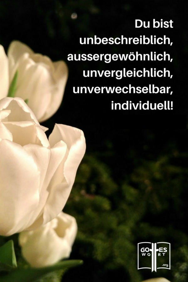 ✚ Du bist unbeschreiblich, aussergewöhnlich, unvergleichlich, unverwechselbar, individuell! Gott hat dich so gemacht. 
www.gottes-wort.com/einmalig.html
#gottesliebe #gottestreue #dubisteinmalig