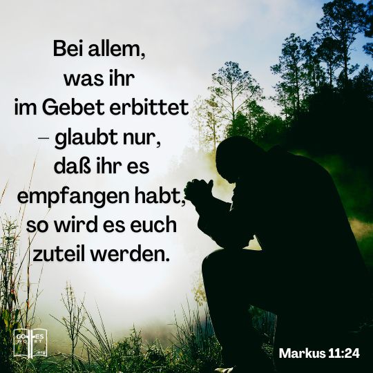 Darum sage ich euch: Bei allem, was ihr im Gebet erbittet – glaubt nur, daß ihr es (tatsächlich) empfangen habt, so wird es euch zuteil werden, Markus 11,24