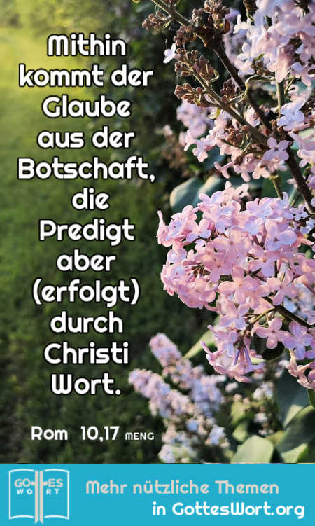 Mithin kommt der Glaube aus der Botschaft, die Predigt aber (erfolgt) durch Christi Wort, Rom 10,17 MENG