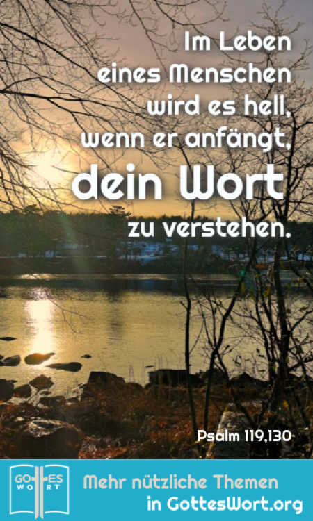 ✚ Im Leben eines Menschen wird es hell, wenn er anfängt, dein Wort zu verstehen. Wer bisher gedankenlos durchs Leben ging, der wird jetzt klug. Psalm 119,130
https://www.gottes-wort.com/berichte.html